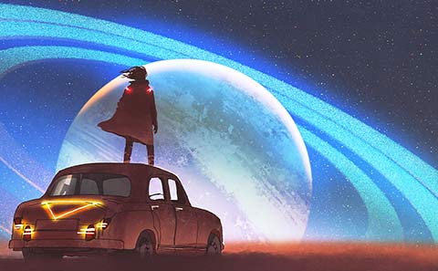 digital art: girl standing on a car looking at the full moon