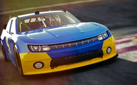 a blue-yellow racing car